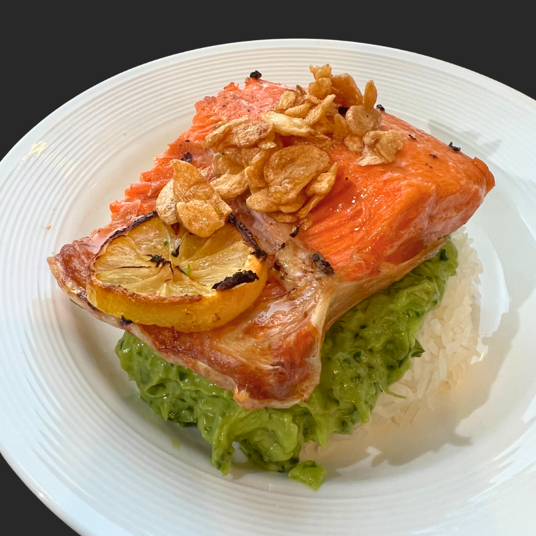 20 minute Baked Salmon with Avocado sauce on rice